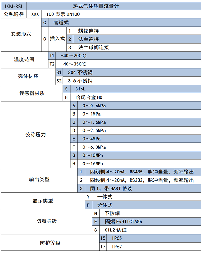 一體型熱式氣體質(zhì)量流量計選項表